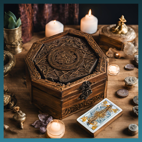 ornately carved wooden box for tarot card storage on a table with lit candles, crystals, and tokens